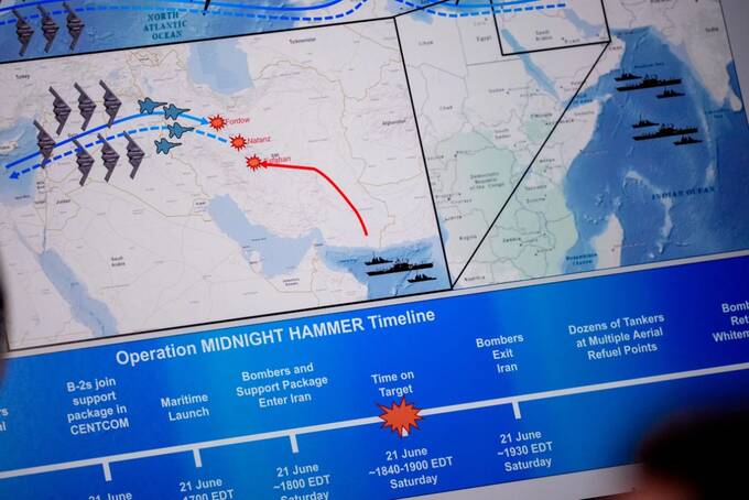 An operational timeline of a strike on Iran is displayed during a US news conference at the Pentagon on June 22 (Picture: Getty) dqxikeidqkikdinv