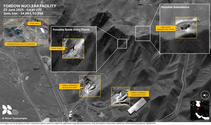 Possible bomb entry points shown in satellite imagery of the Fordow Nuclear Facility in Qom (Picture: Maxar Technologies)