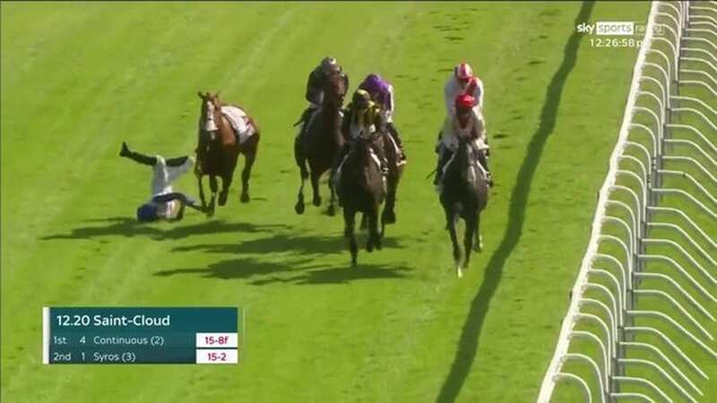 Rossa Ryan suffered a horrible fall as a result of the contact with Christophe Soumillon (Image: @AtTheRaces/Twitter)