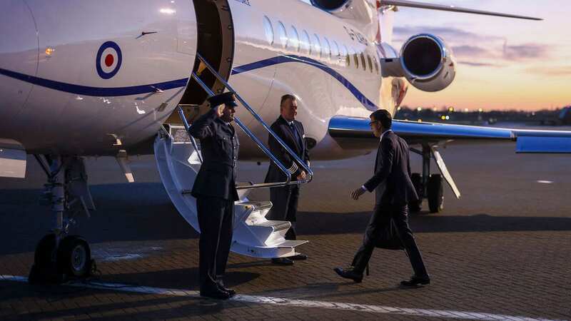 Prime Minister Rishi Sunak boards an RAF plane as he heads to visit the Rutland Healthcare Centre at the Leeds Community Healthcare. (Image: Simon Dawson / No 10 Downing Street)