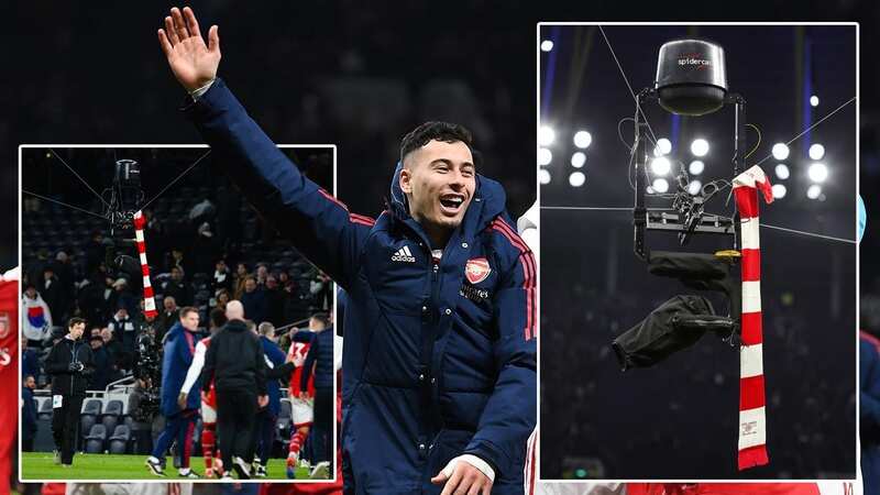 Gabriel Martinelli threw the scarf on to the Spidercam (Image: Offside via Getty Images)