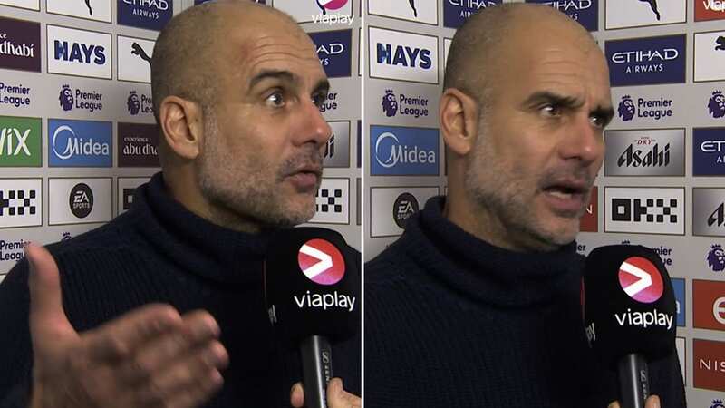 Pep Guardiola was visibly angry in his post-match interviews (Image: @ViaplayFotball/Twitter)