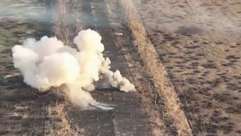 Russian tank explodes as it drives straight over Ukrainian mine on road