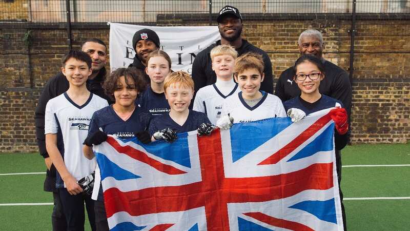 Efe Obada visited Little Ealing Primary ahead of their trip to Las Vegas, where they will take part in the Pro Bowl Games (Image: NFL Flag)