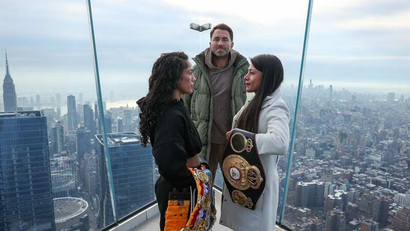January 30, 2023; New York City, NY, USA; Amanda Serrano and Erika Cruz pose at Edge at Hudson Yards ahead of their February 4th fight at Hulu Theater at Madison Square Garden. Mandatory Credit: Melina Pizano/Matchroom.