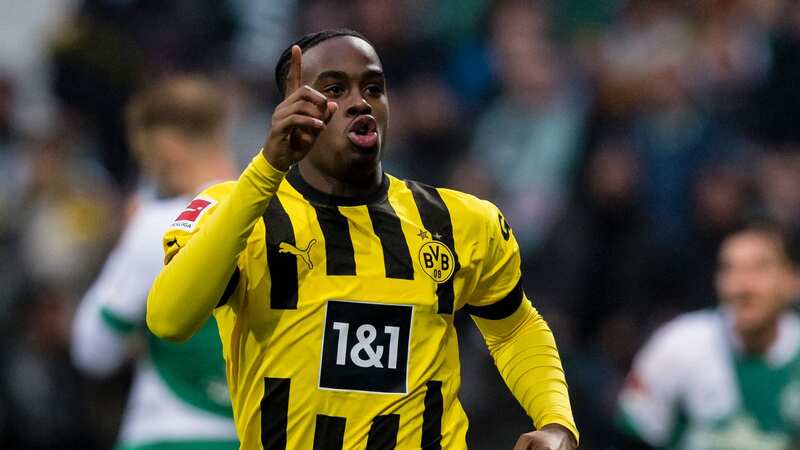 Jamie Bynoe-Gittens celebrates his goal against Werder Bremen.