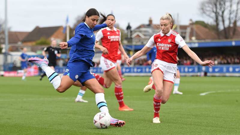 Sam Kerr shoots under pressure from Leah Williamson during the Vitality Women