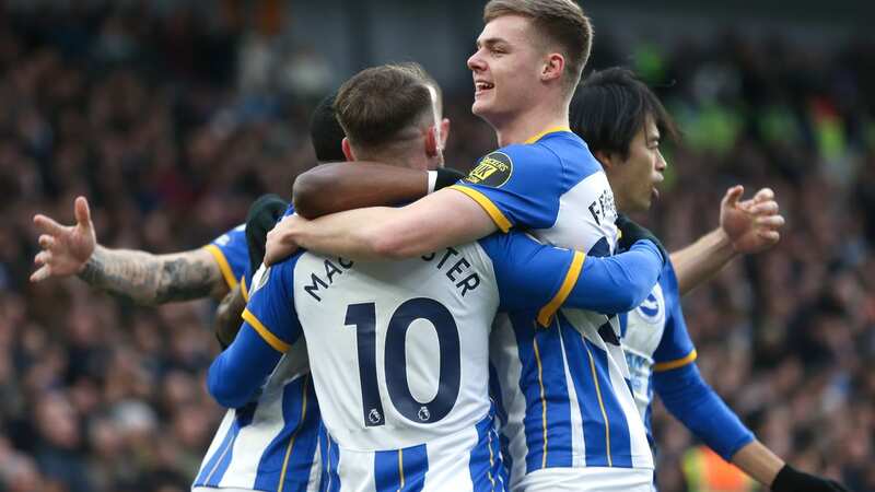 Brighton striker Evan Ferguson celebrates with Alexis MacAllister.