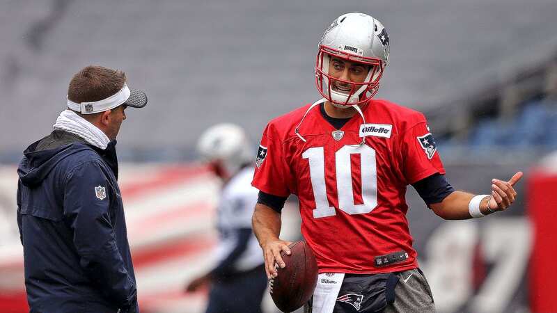 Josh McDaniels (R) has already made his thoughts on Jimmy Garoppolo clear (Image: Nancy Lane/MediaNews Group/Boston Herald via Getty Images)