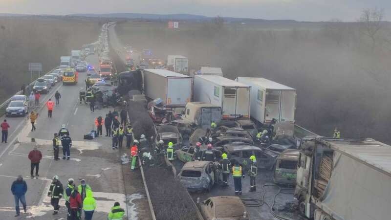Horrific 42-vehicle motorway pile-up as mangled wreckage bursts into flames