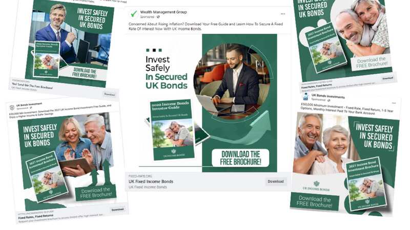 Latest version of scam ad on Facebook, centre, with previous versions