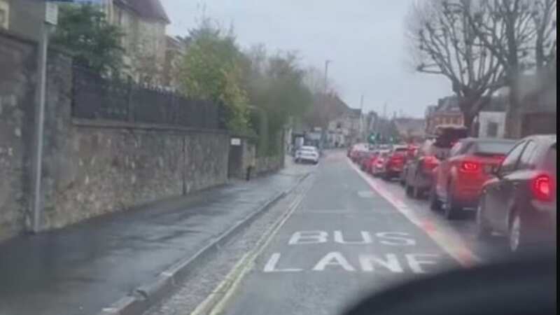 The driver utilised the bus lane to get past the line of traffic (Image: @theamazingrman/tiktok)