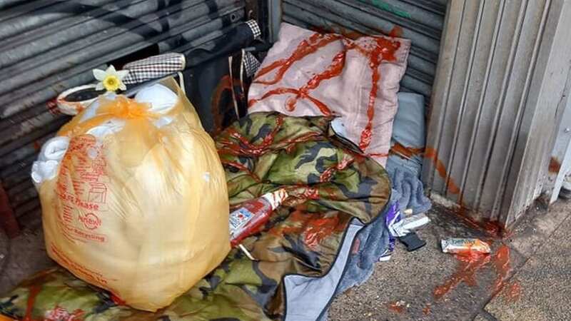 A bottle of ketchup was poured over the homeless woman