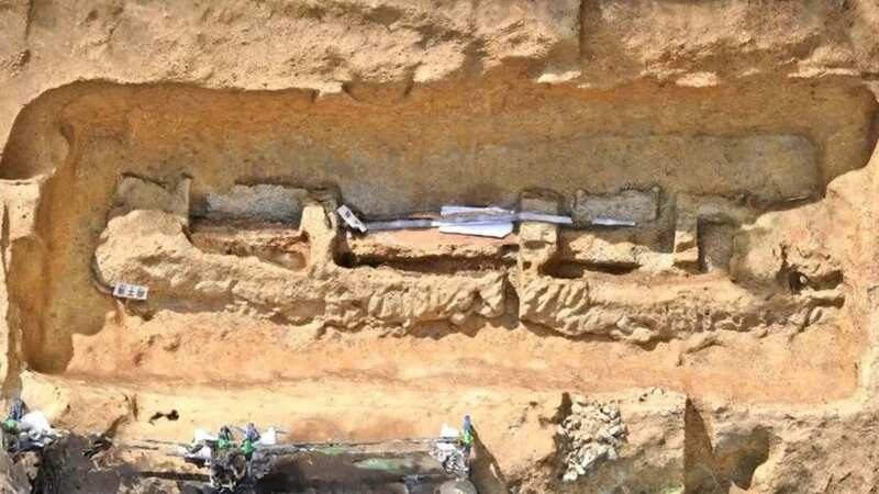 A massive seven-foot-long iron sword has been found in a burial mound (Image: Archaeological Institute of Kashihara, Nara.)
