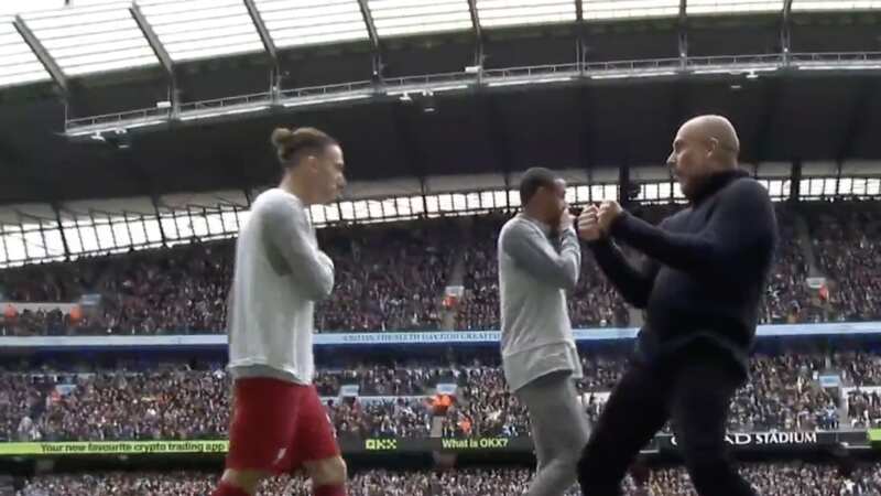 Pep Guardiola celebrated in front of Liverpool substitute Kostas Tsimikas (Image: BT Sport)