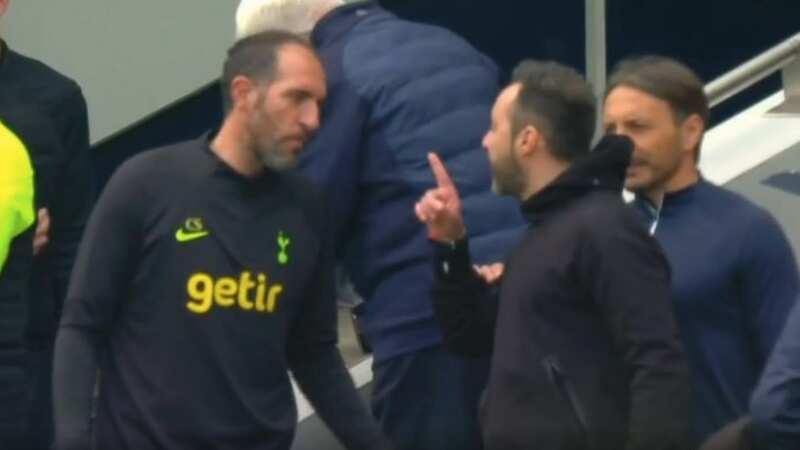 Roberto De Zerbi angrily confronted Cristian Stellini during the pre-match handshake (Image: Premier League Productions)