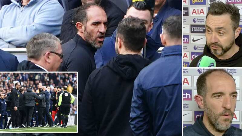 Tottenham Hotspur interim manager Cristian Stellini and Brighton and Hove Albion manager Roberto De Zerbi exchange words before being given a red card each (Image: PA)