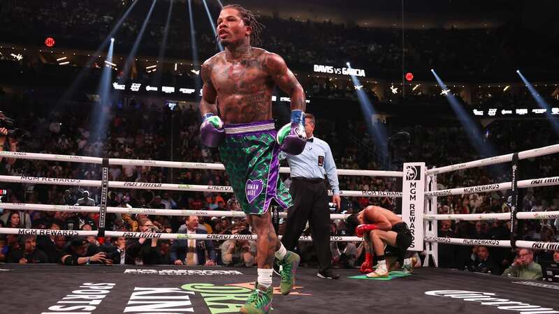 LAS VEGAS, NEVADA - APRIL 22: Ryan Garcia in the black trunks exchanges punches with Gervonta Davis in the green and purple trunks in the first round during their catchweight bout at T-Mobile Arena on April 22, 2023 in Las Vegas, Nevada. (Photo by Al Bello/Getty Images)