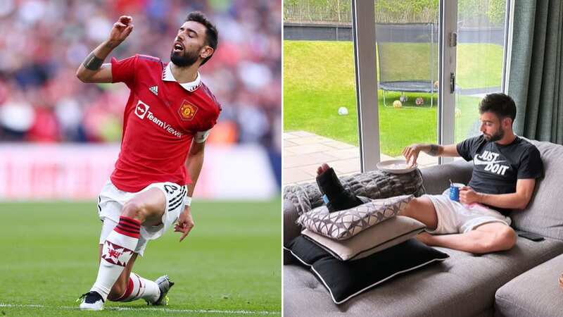 Bruno Fernandes has a protective boot and crutches (Image: Instagram / @anaapinho_)