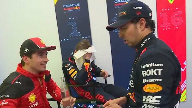 Charles Leclerc, Max Verstappen and Sergio Perez chat in the cool down room (Image: Sky Sports)