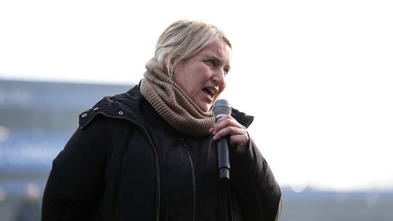 Emma Hayes addresses the Chelsea crowd after the game against Liverpool was abandoned