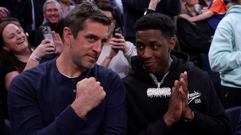 New York Jets quarterback Aaron Rodgers, 39, and cornerback Sauce Gardner, 22, bonded at the Knicks NBA Play-Off game (Image: Getty)