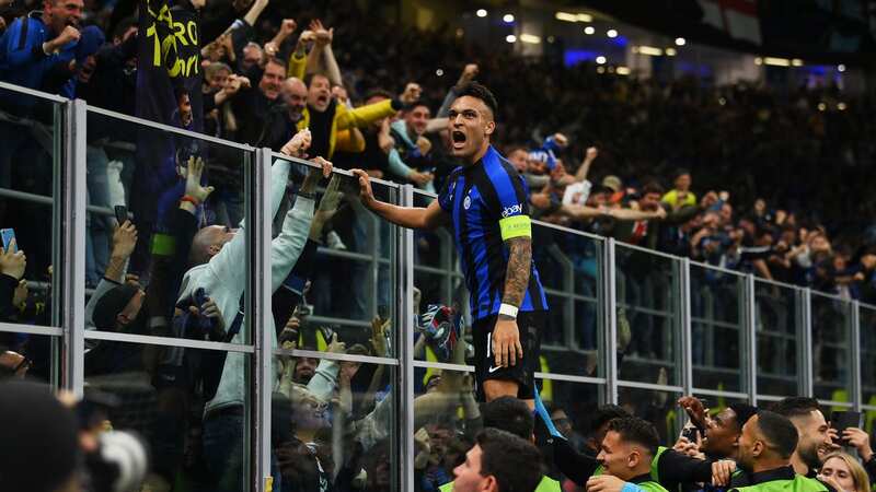 Inter scorer Lautaro Martinez celebrates with fans after firing his side into the Champions League final (Image: Mike Hewitt/Getty Images)
