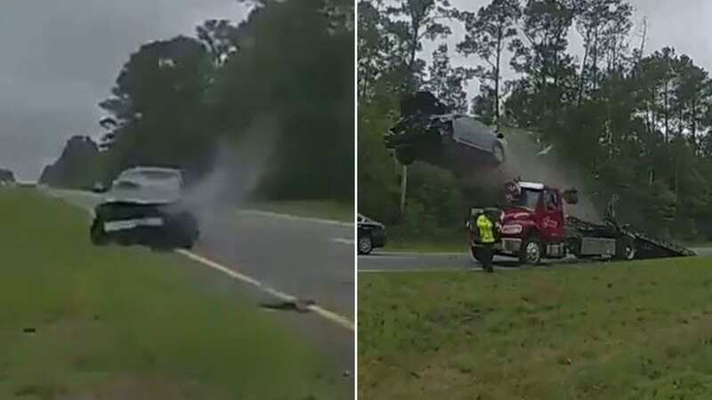 Moment woman, 21, flies 120ft through the air after hitting tow truck ramp