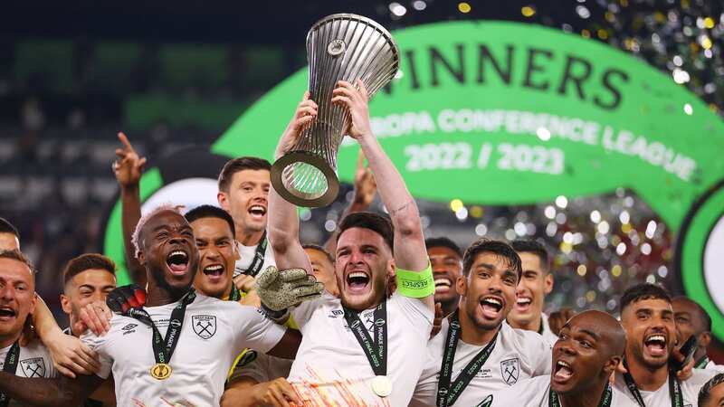 Declan Rice of West Ham United lifts the UEFA Europa Conference League trophy (Image: Getty Images)