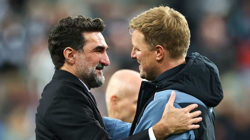 Newcastle chairman Yasir Al-Rumayyan celebrates with Eddie Howe. (Image: Getty Images)