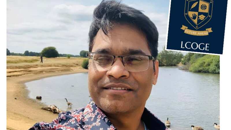 Banned: College director Narayan Sah. Inset: college logo (Image: Facebook)