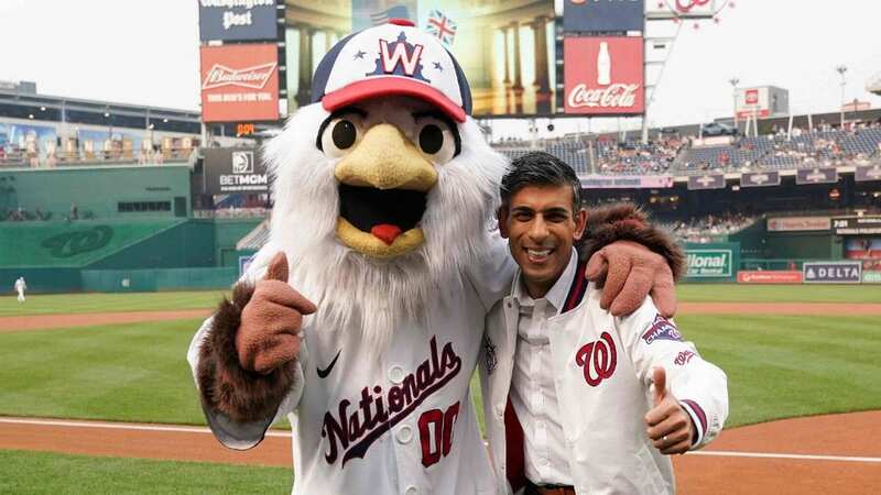 Rishi Sunak poses with Washington Nationals mascot "Screech" prior to a Washington Nationals baseball game (Image: POOL/AFP via Getty Images)