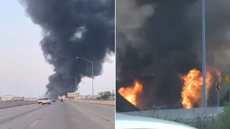 The truck burst into flames (Image: @MarkFusetti/Twitter)