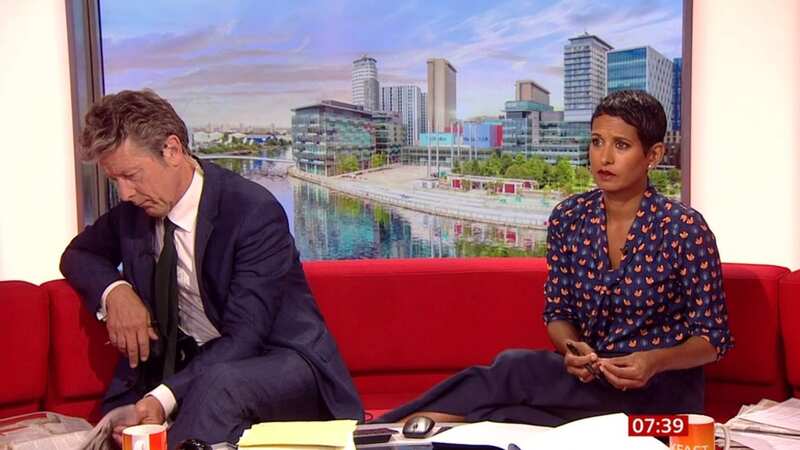 Naga Munchetty kicked her co-star Charlie Stayt in a hilarious blunder on BBC Breakfast today as she tried to get his attention during the live broadcast