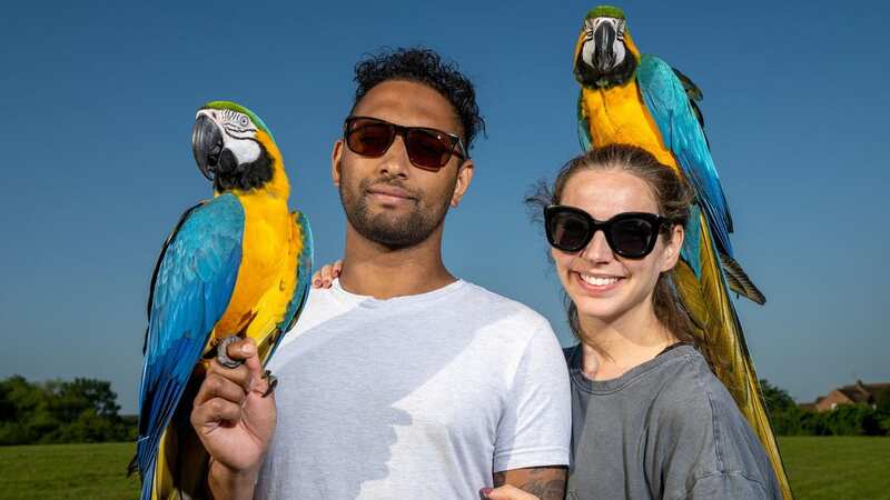 Nimal and Claire take their giant birds out for daily walks in Bedfordshire (Image: James Linsell-Clark / SWNS)