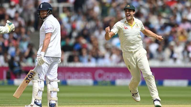 Pat Cummins celebrates the wicket of Jonny Bairstow (Image: Gareth Copley/Getty Images)