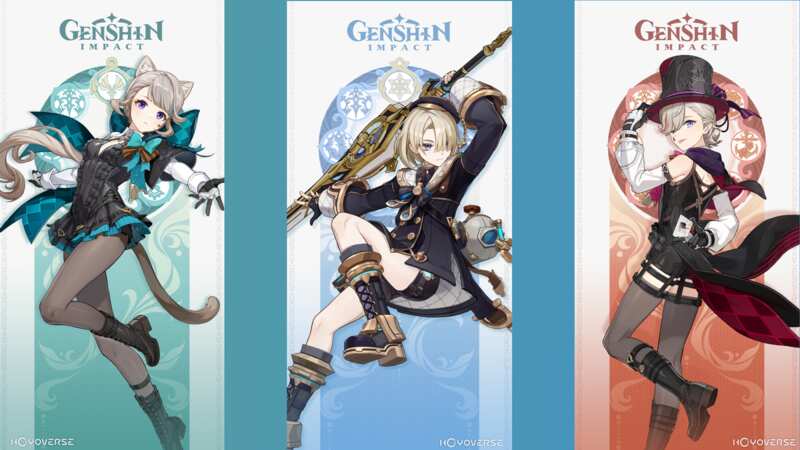 Three new Genshin Impact characters coming in the Fontaine update 4.0 from left to right: Lynette, Freminet, and Lyney (Image: HoYoverse)
