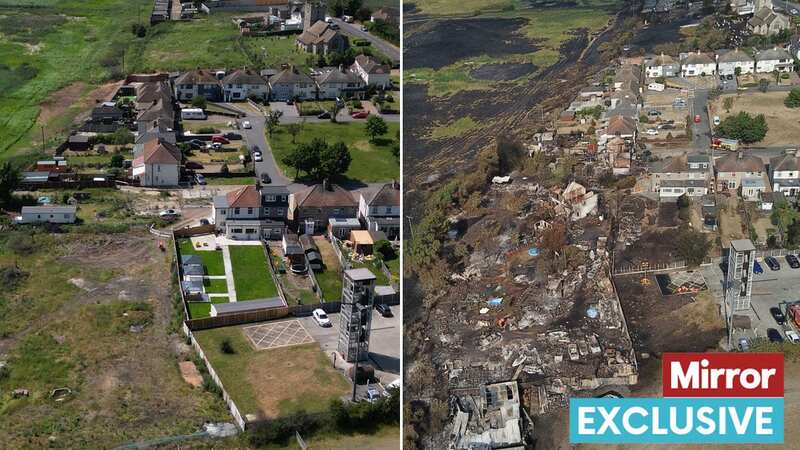 Neat gardens and fields near homes (left) - and (right) acres burned land in snap taken last year (Image: Dean / SplashNews.com)
