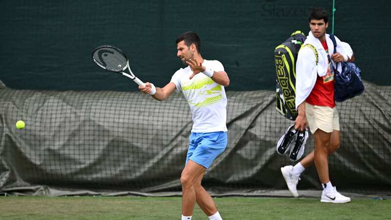 Novak Djokovic trains as Carlos Alcaraz looks on (Image: Shaun Botterill/Getty Images)