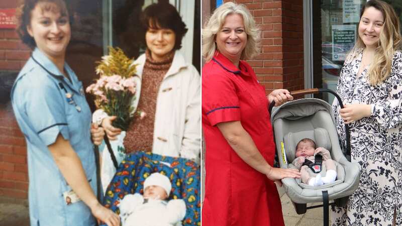 Now grown and a midwife, a new mum has decided to recreate an adorable snap of herself as a baby with the midwife who delivered her - who is now also her boss (Image: University Hospitals Dorset/BNPS)
