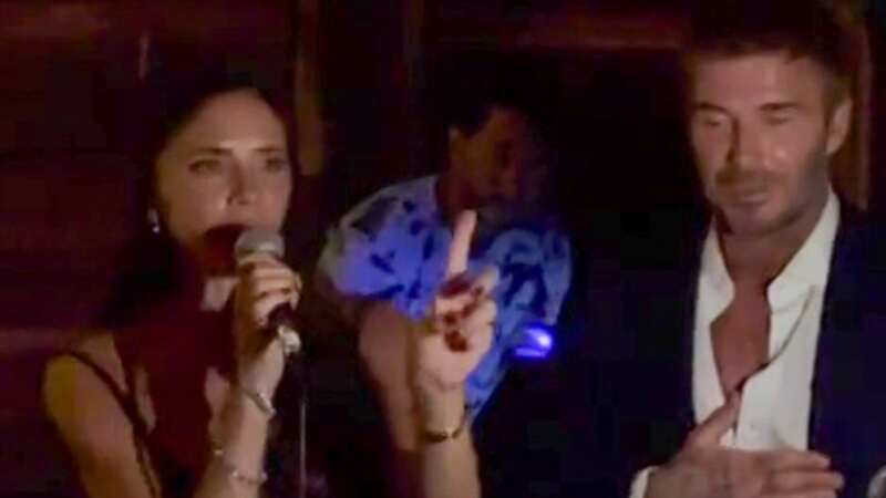 Carefree Victoria Beckham sings Spice Girls at karaoke as David dances along
