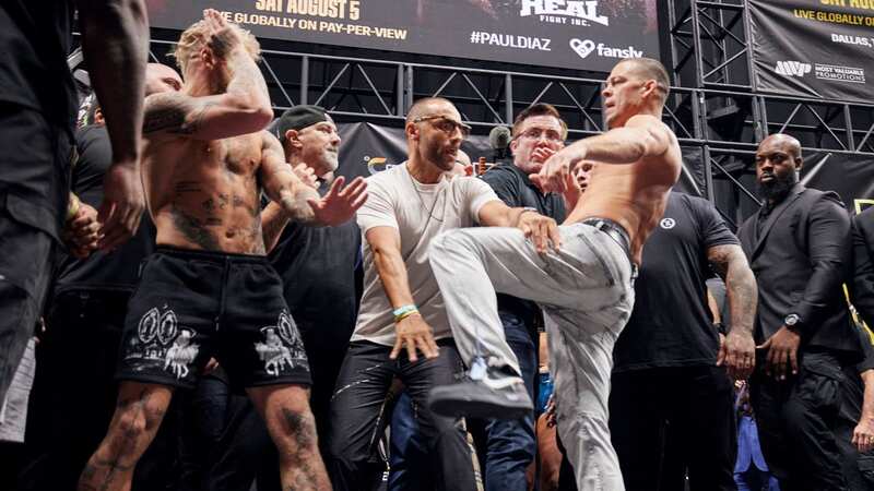 Nate Diaz kicks Jake Paul as pair get physical in final weigh-in face-off