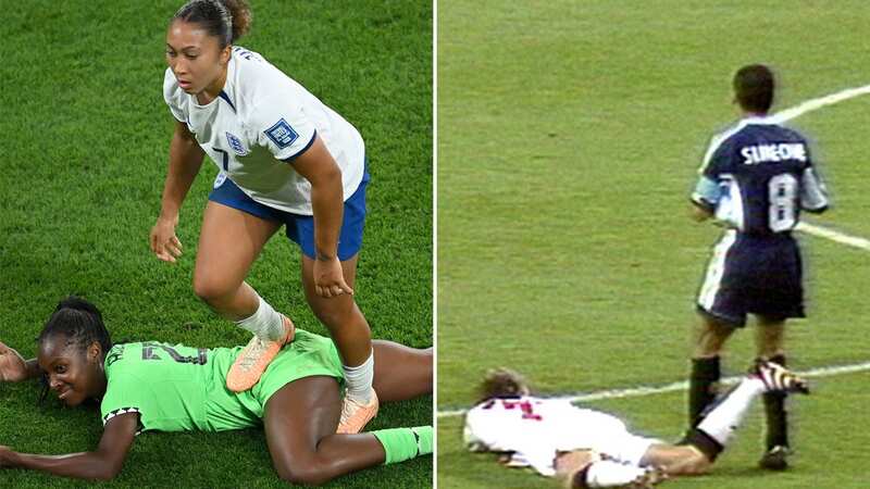 Lauren James of England stamps on Michelle Alozie of Nigeria (Image: Getty)