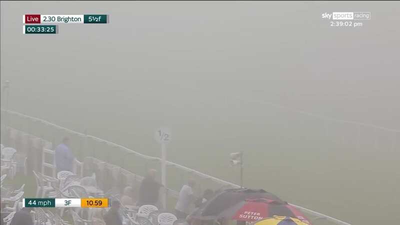 Nothing to see here: the first race at Brighton took place in thick fog (Image: @AtTheRaces/Twitter)