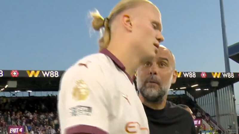Pep Guardiola confronted Erling Haaland at half-time (Image: Sky Sports)