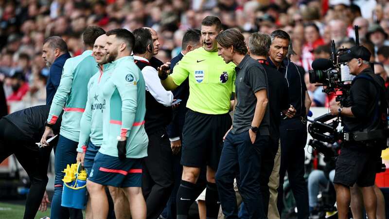 Referee Robert Jones speaks with Thomas Frank, Manager of Brentford, prior to the Premier League match between Brentford FC and Tottenham Hotspur (Image: 2023 Getty Images)