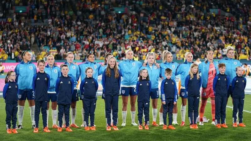 England players during the national anthems before the Colombia quarter-final
