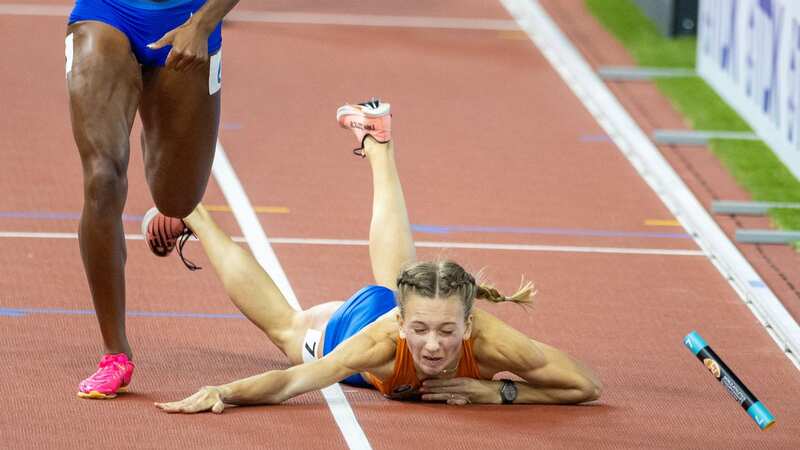 Femke Bol tripped just metres from the finish line during the 4x400m final (Image: Tim Clayton/Corbis via Getty Images)