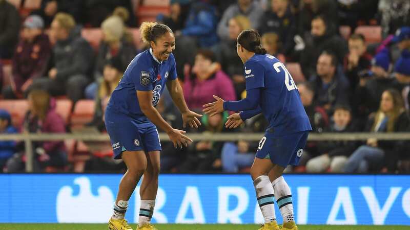 Lauren James of Chelsea celebrates with teammate Sam Kerr