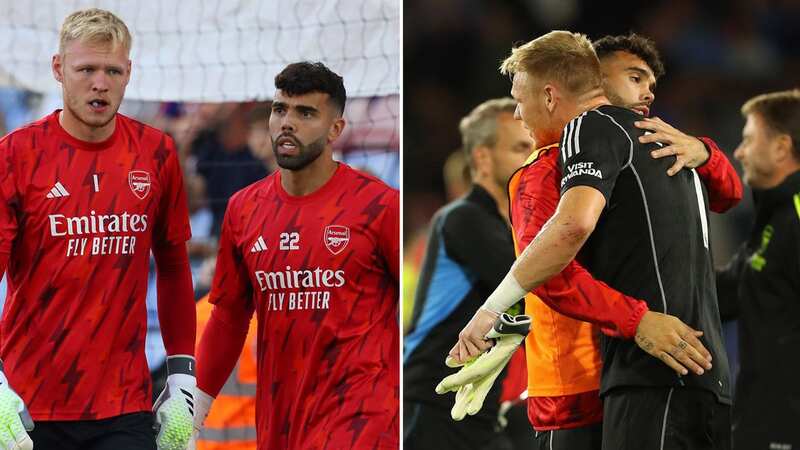 Aaron Ramsdale of Arsenal celebrates with teammate David Raya after their team
